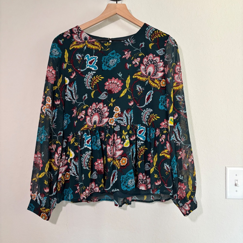 LOFT Peplum Blouse S Floral Chiffon Teal Boho Whimsigoth Top